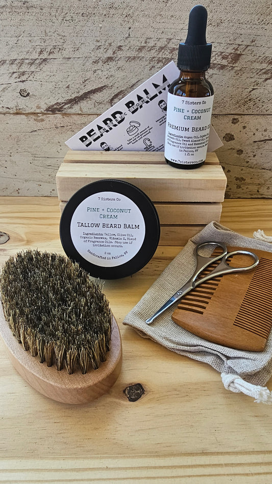Beard Box of Tallow Balm, Oil and Brush set