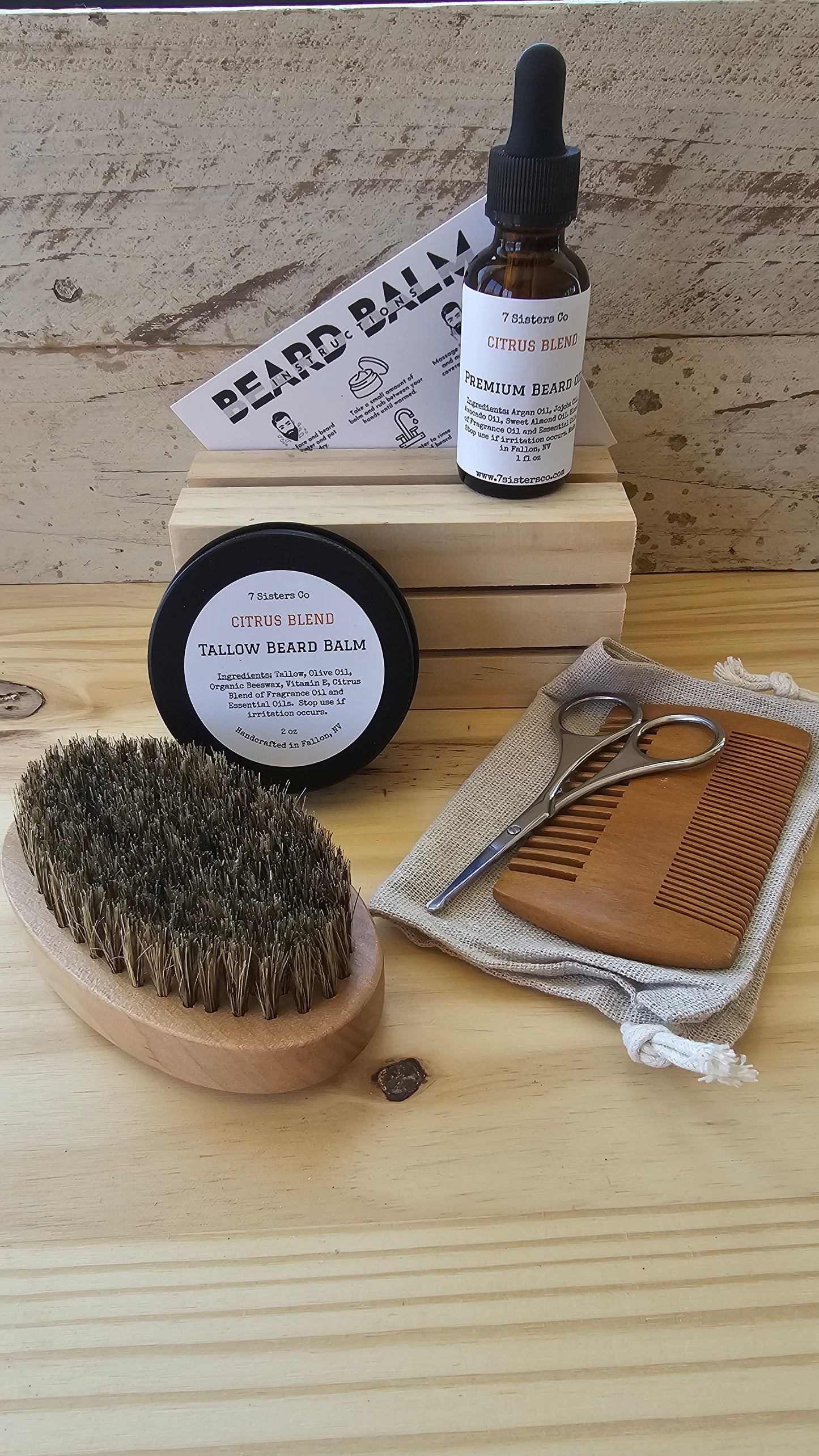 Beard Box of Tallow Balm, Oil and Brush set
